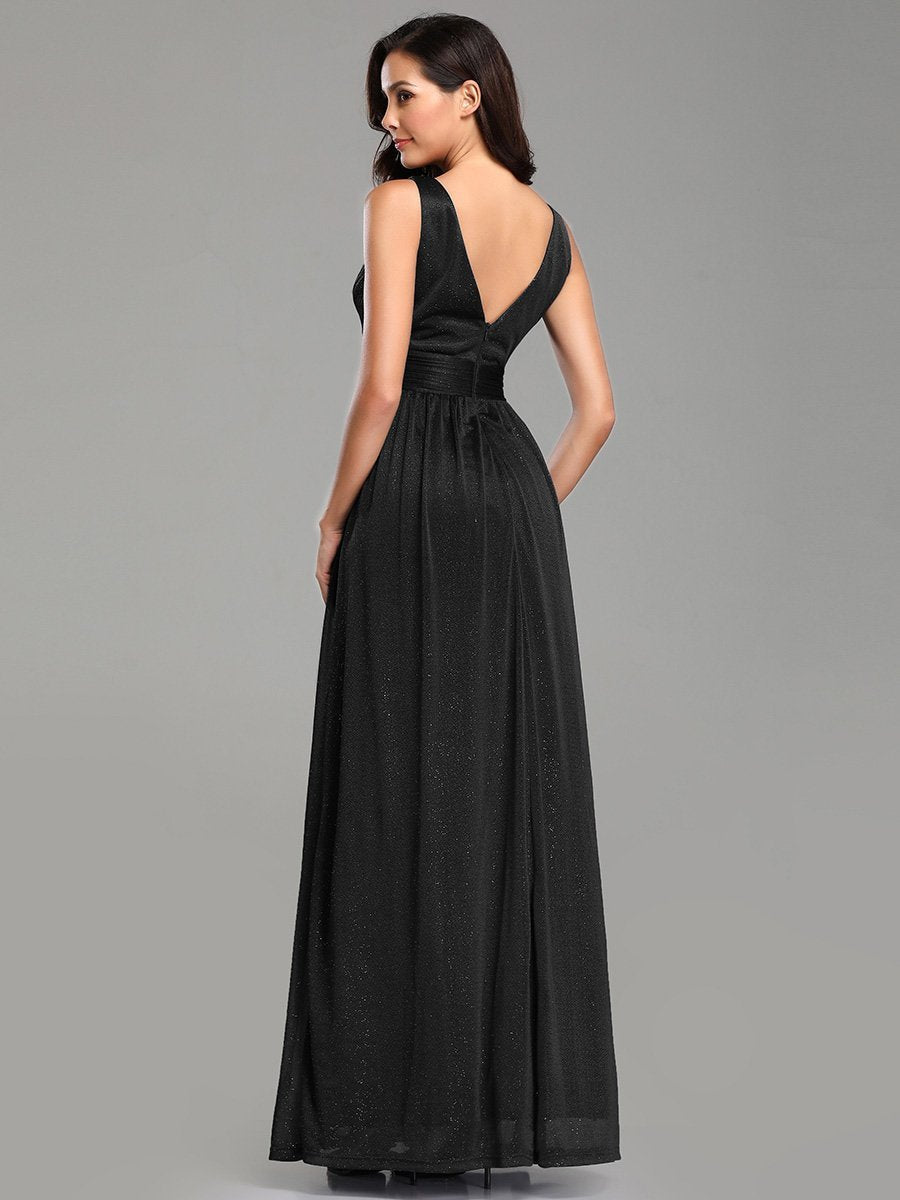 Color=Black | Double V Neck Floor Length Sparkly Wholesale Evening Dresses for Party-Black 2