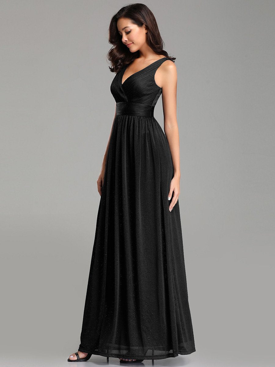 Color=Black | Double V Neck Floor Length Sparkly Wholesale Evening Dresses for Party-Black 4
