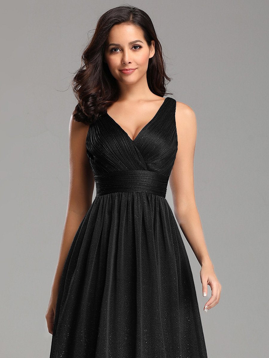 Color=Black | Double V Neck Floor Length Sparkly Wholesale Evening Dresses for Party-Black 5