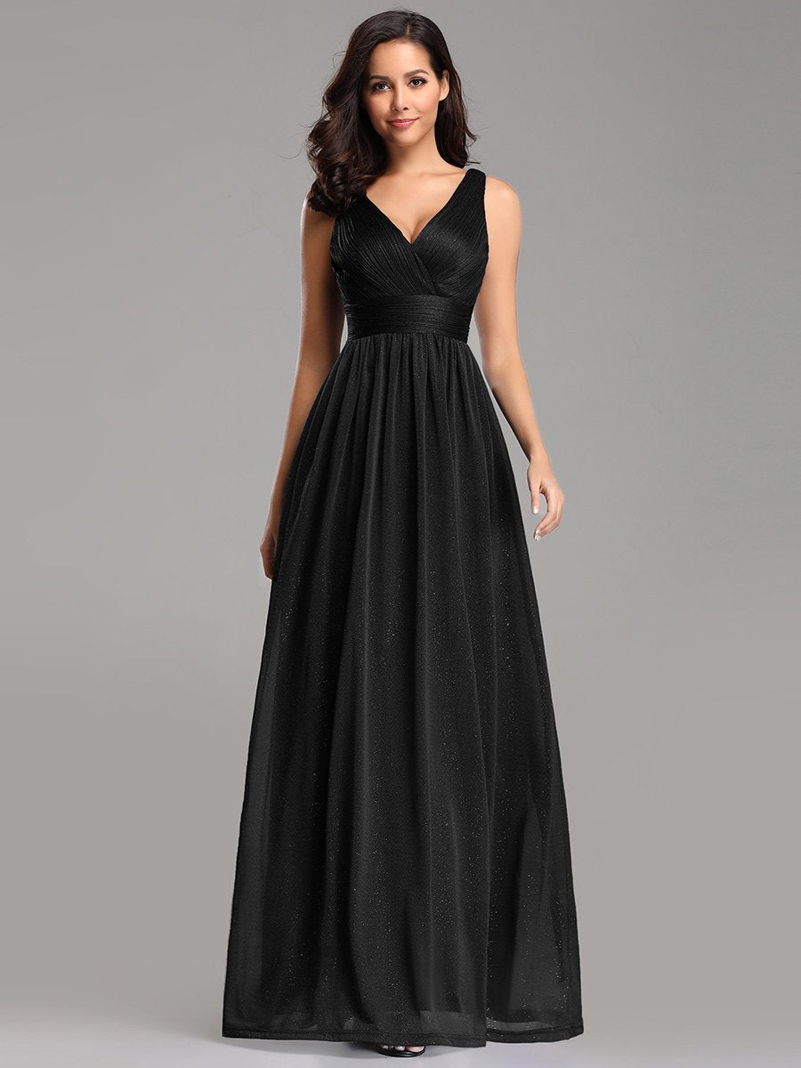 Color=Black | Double V Neck Floor Length Sparkly Wholesale Evening Dresses for Party-Black 1