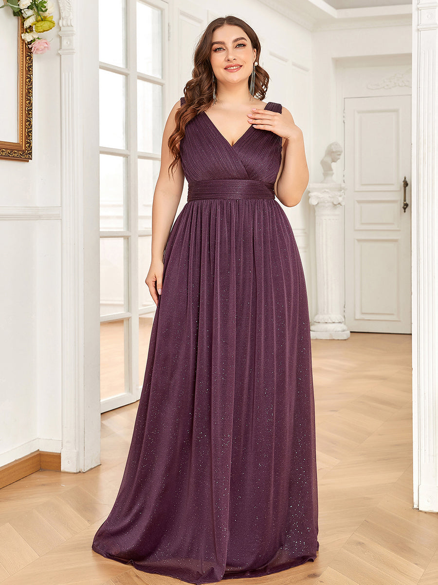 Color=Dark Purple | Double V Neck Maxi Long Plus Size Evening Dresses for Party-Dark Purple 1