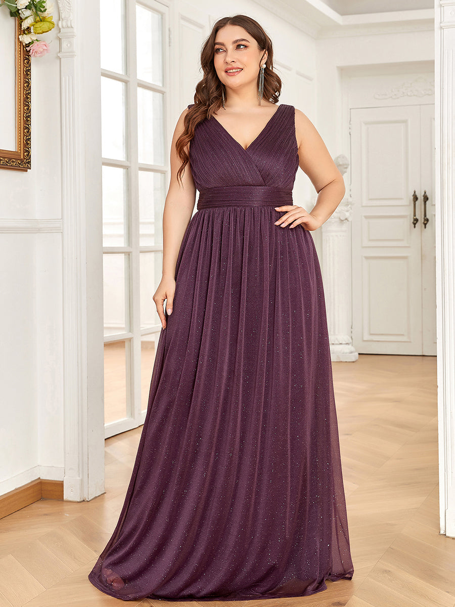 Color=Dark Purple | Double V Neck Maxi Long Plus Size Evening Dresses for Party-Dark Purple 3