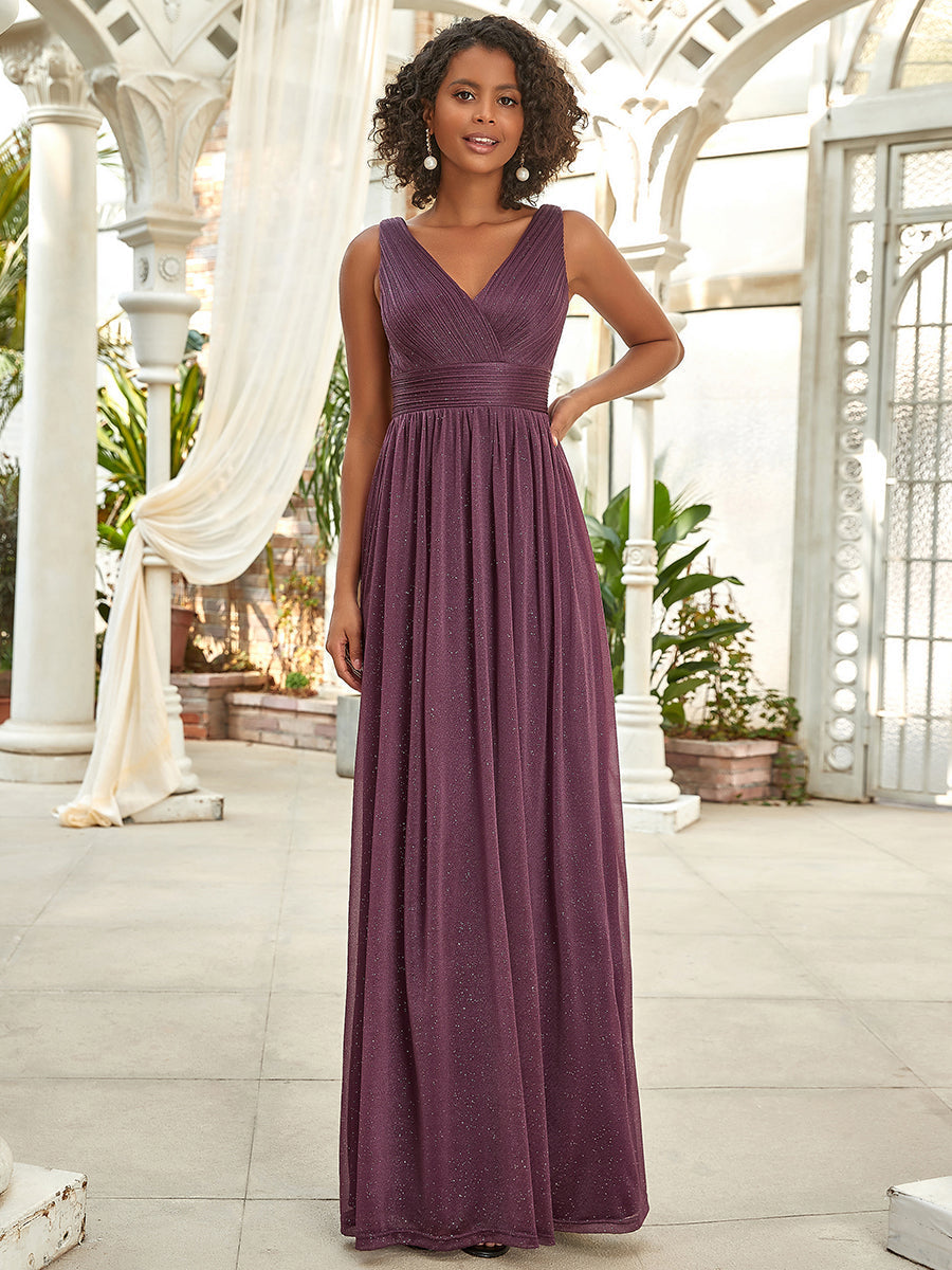 Color=Dark Purple | Double V Neck Floor Length Sparkly Wholesale Evening Dresses for Party-Dark Purple 1