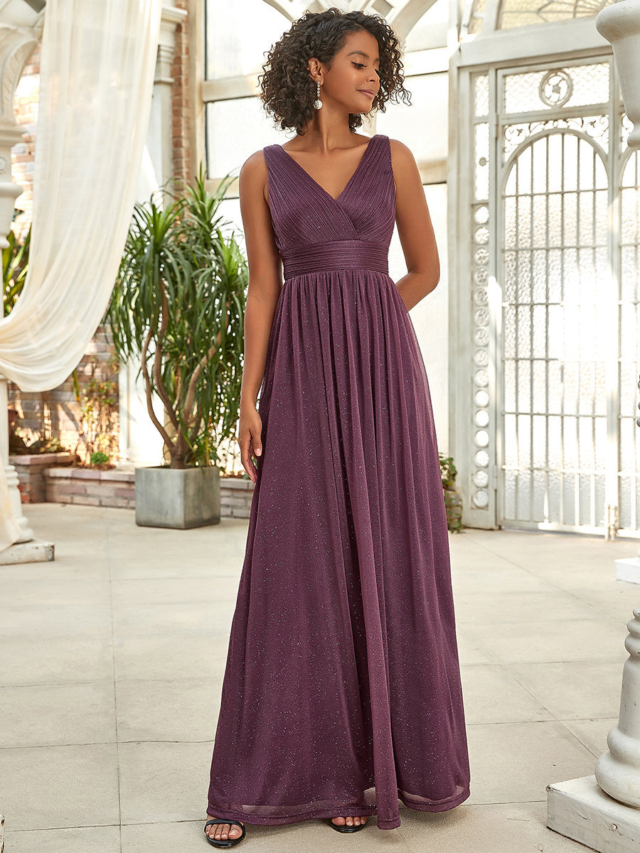 Color=Dark Purple | Double V Neck Floor Length Sparkly Wholesale Evening Dresses for Party-Dark Purple 2