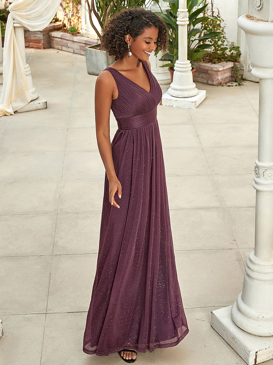 Color=Dark Purple | Double V Neck Floor Length Sparkly Wholesale Evening Dresses for Party-Dark Purple 3