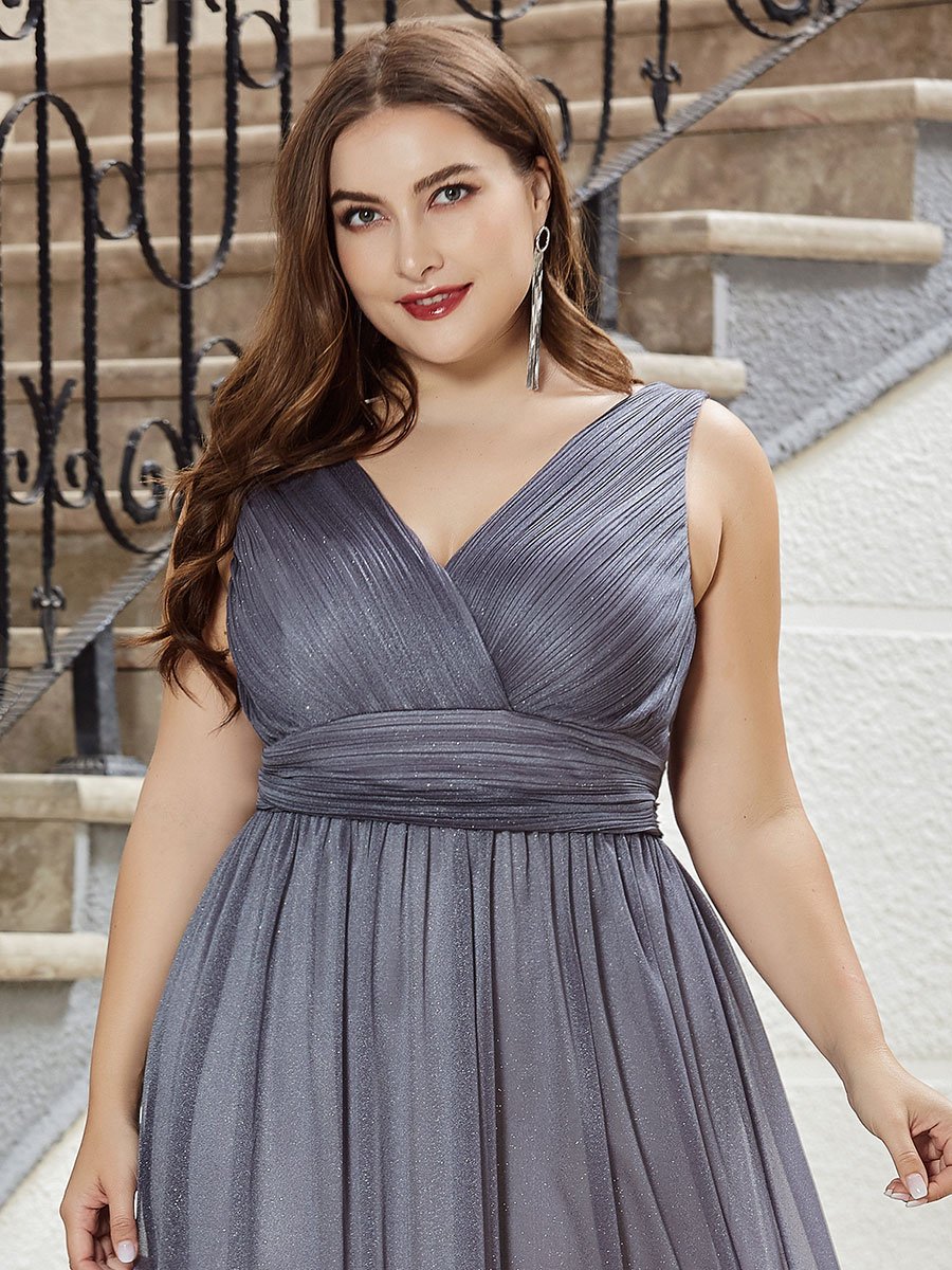 Color=Grey | Double V Neck Maxi Long Plus Size Evening Dresses for Party-Grey 5