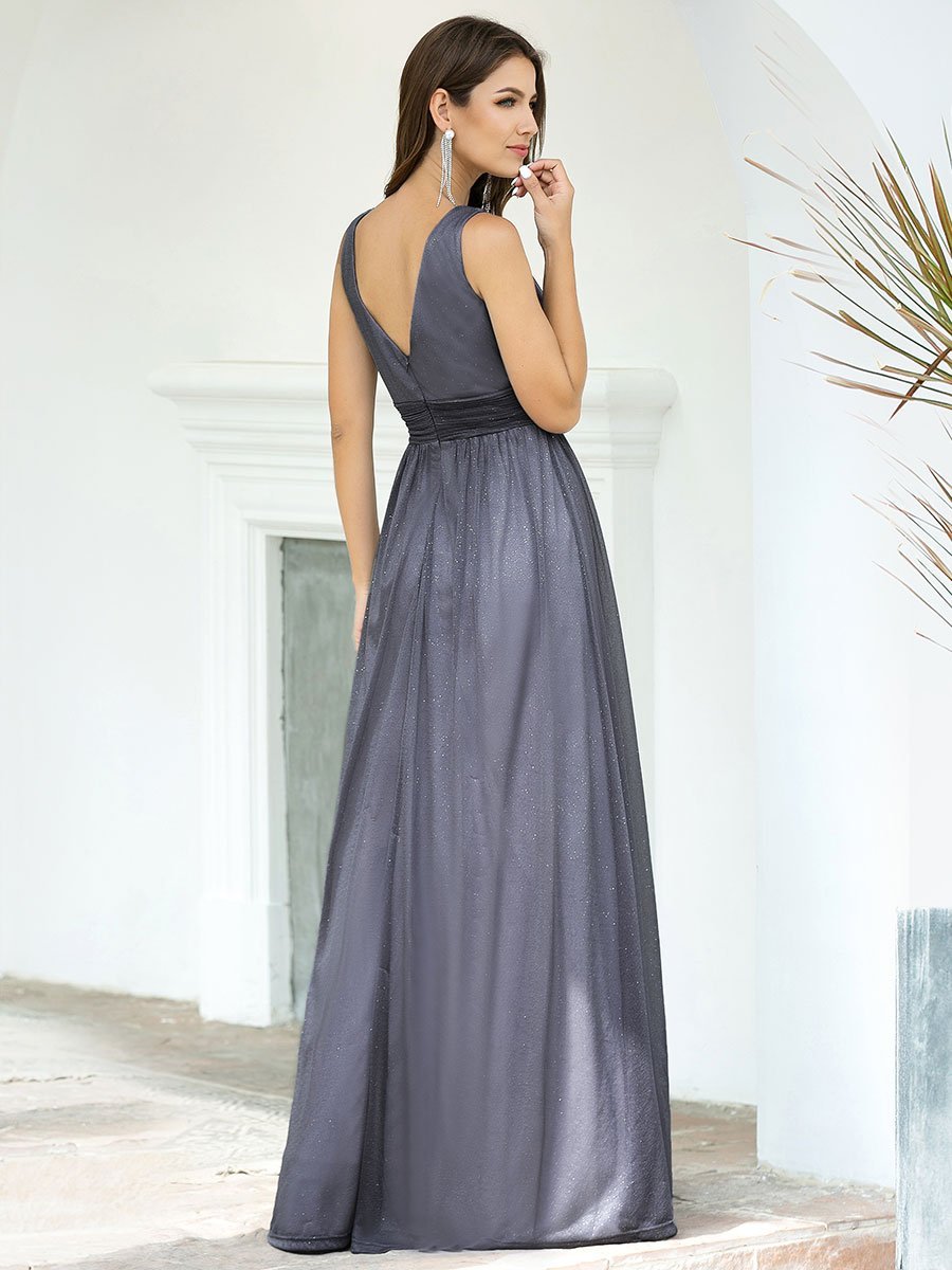 Color=Grey | Double V Neck Floor Length Sparkly Wholesale Evening Dresses for Party-Grey 2