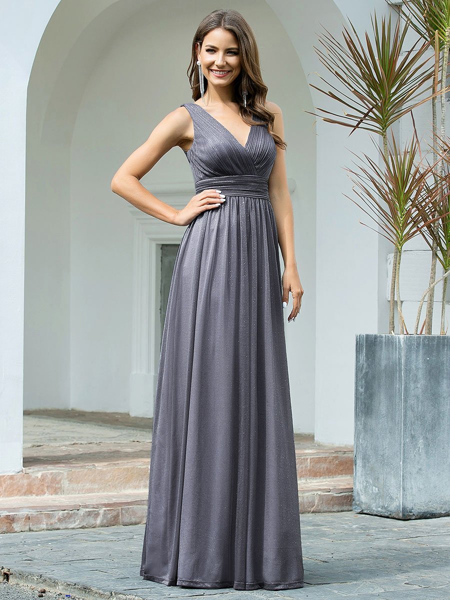 Color=Grey | Double V Neck Floor Length Sparkly Wholesale Evening Dresses for Party-Grey 3