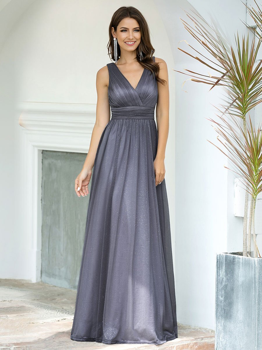 Color=Grey | Double V Neck Floor Length Sparkly Wholesale Evening Dresses for Party-Grey 1