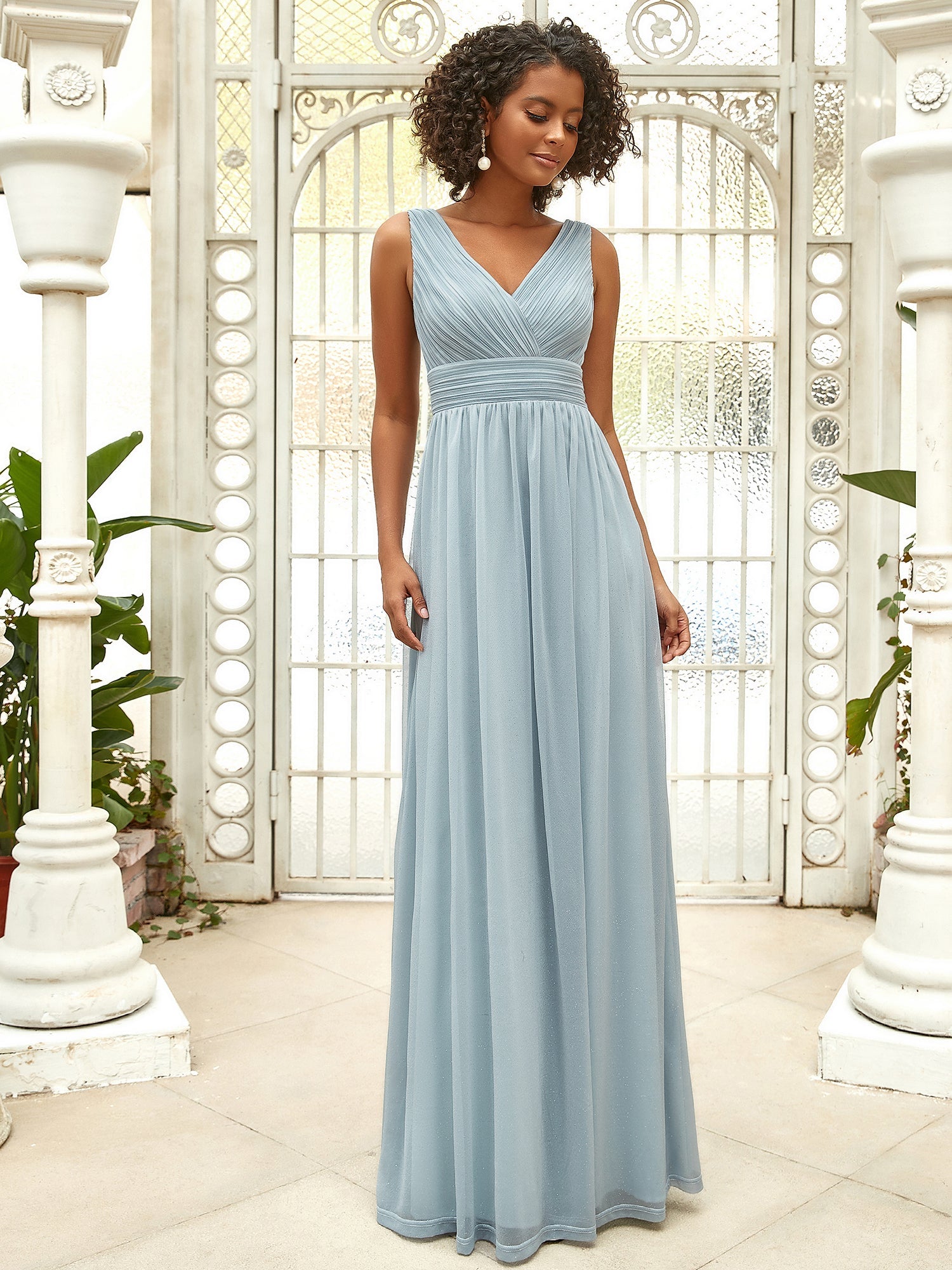 Color=Mist | Double V Neck Floor Length Sparkly Wholesale Evening Dresses for Party-Mist 4