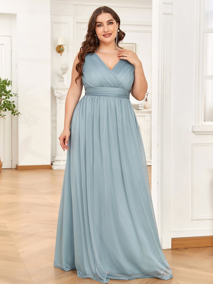 Color=Mist | Double V Neck Maxi Long Plus Size Evening Dresses for Party-Mist 3