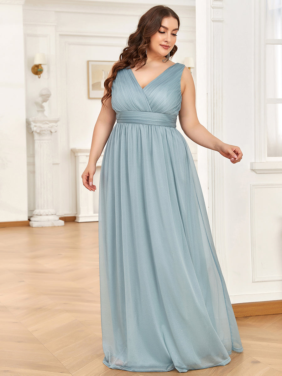 Color=Mist | Double V Neck Maxi Long Plus Size Evening Dresses for Party-Mist 4
