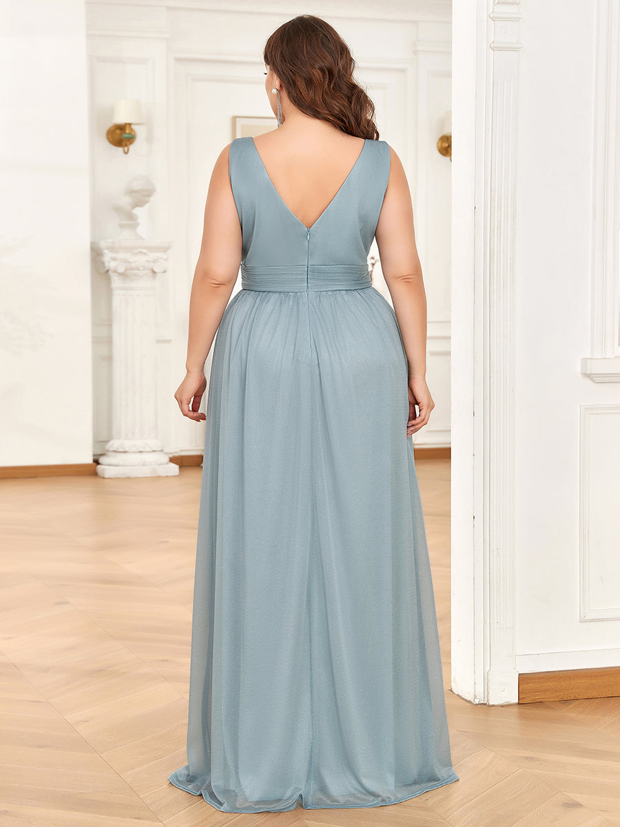 Color=Mist | Double V Neck Maxi Long Plus Size Evening Dresses for Party-Mist 2