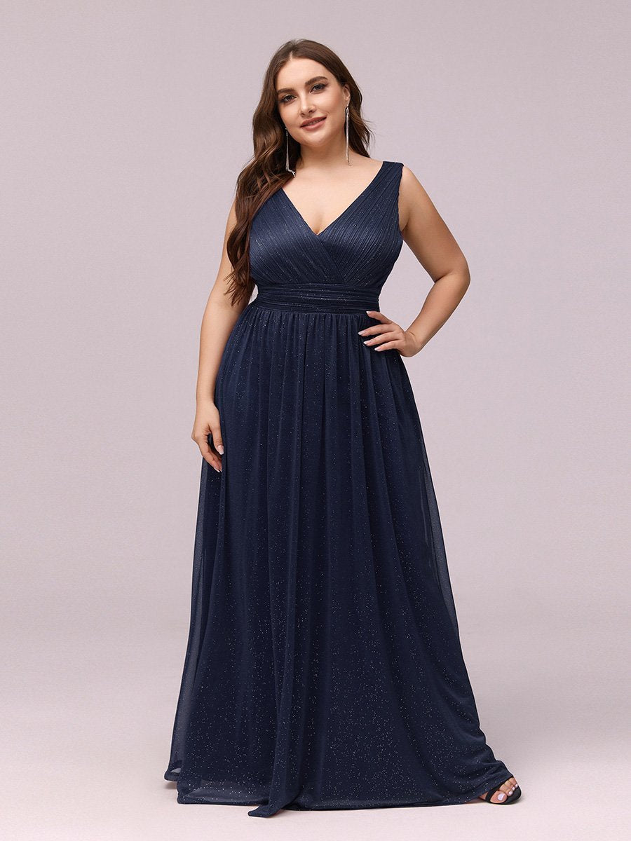 Color=Navy Blue | Double V Neck Floor Length Sparkly Wholesale Evening Dresses for Party-Navy Blue 7