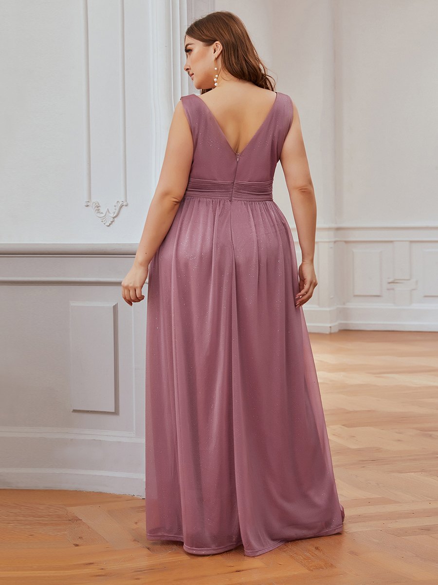 Color=Orchid | Double V Neck Maxi Long Plus Size Evening Dresses for Party-Orchid 2