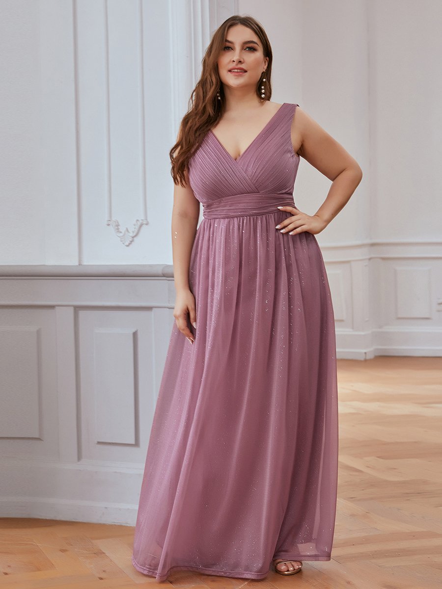 Color=Orchid | Double V Neck Maxi Long Plus Size Evening Dresses for Party-Orchid 3