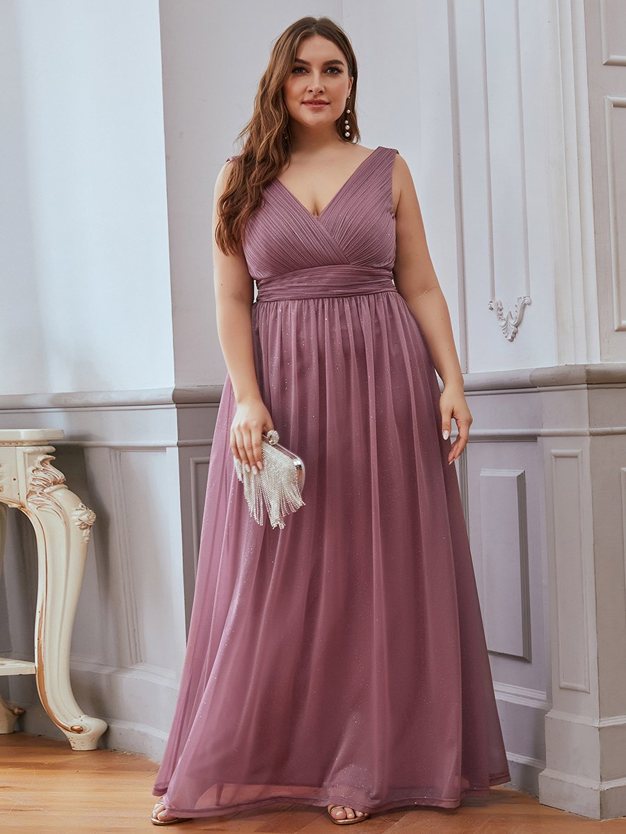 Color=Orchid | Double V Neck Maxi Long Plus Size Evening Dresses for Party-Orchid 4
