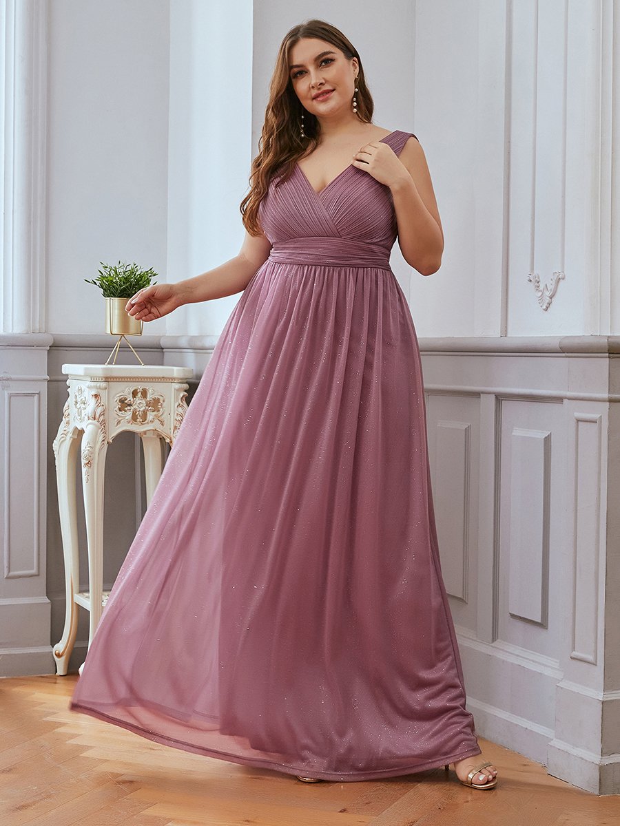 Color=Orchid | Double V Neck Maxi Long Plus Size Evening Dresses for Party-Orchid 1