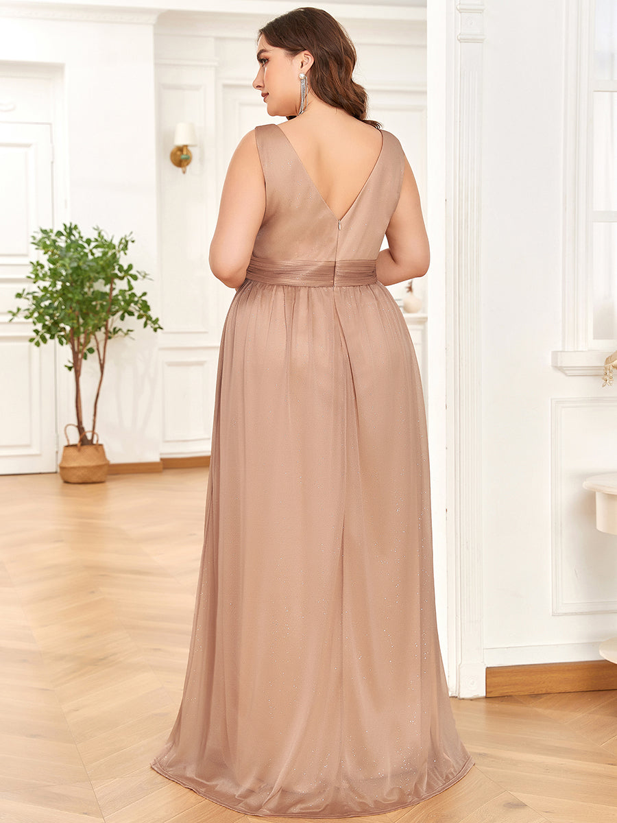 Color=Rose Gold | Double V Neck Maxi Long Plus Size Evening Dresses for Party-Rose Gold 2