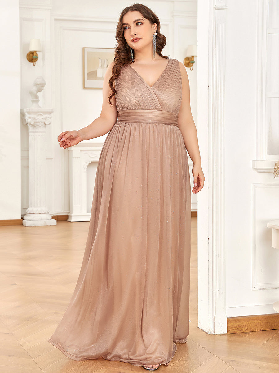 Color=Rose Gold | Double V Neck Maxi Long Plus Size Evening Dresses for Party-Rose Gold 3