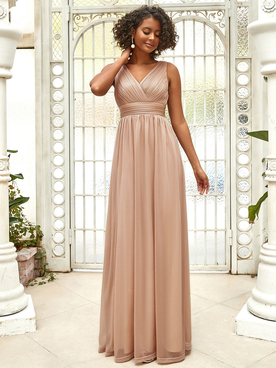 Color=Rose Gold | Double V Neck Floor Length Sparkly Wholesale Evening Dresses for Party-Rose Gold 1