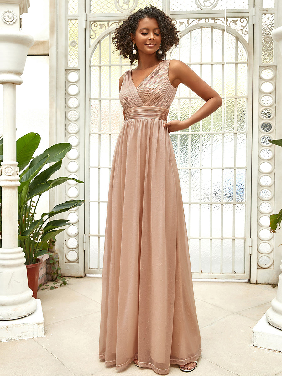 Color=Rose Gold | Double V Neck Floor Length Sparkly Wholesale Evening Dresses for Party-Rose Gold 2