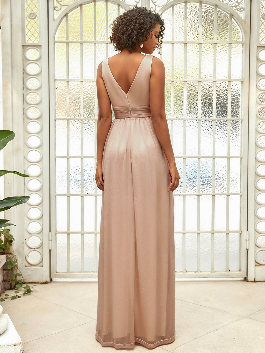Color=Rose Gold | Double V Neck Floor Length Sparkly Wholesale Evening Dresses for Party-Rose Gold 4