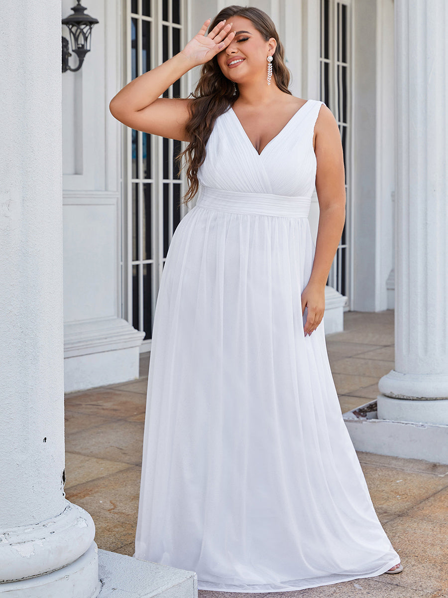 Color=White | Double V Neck Maxi Long Plus Size Evening Dresses for Party-White 3