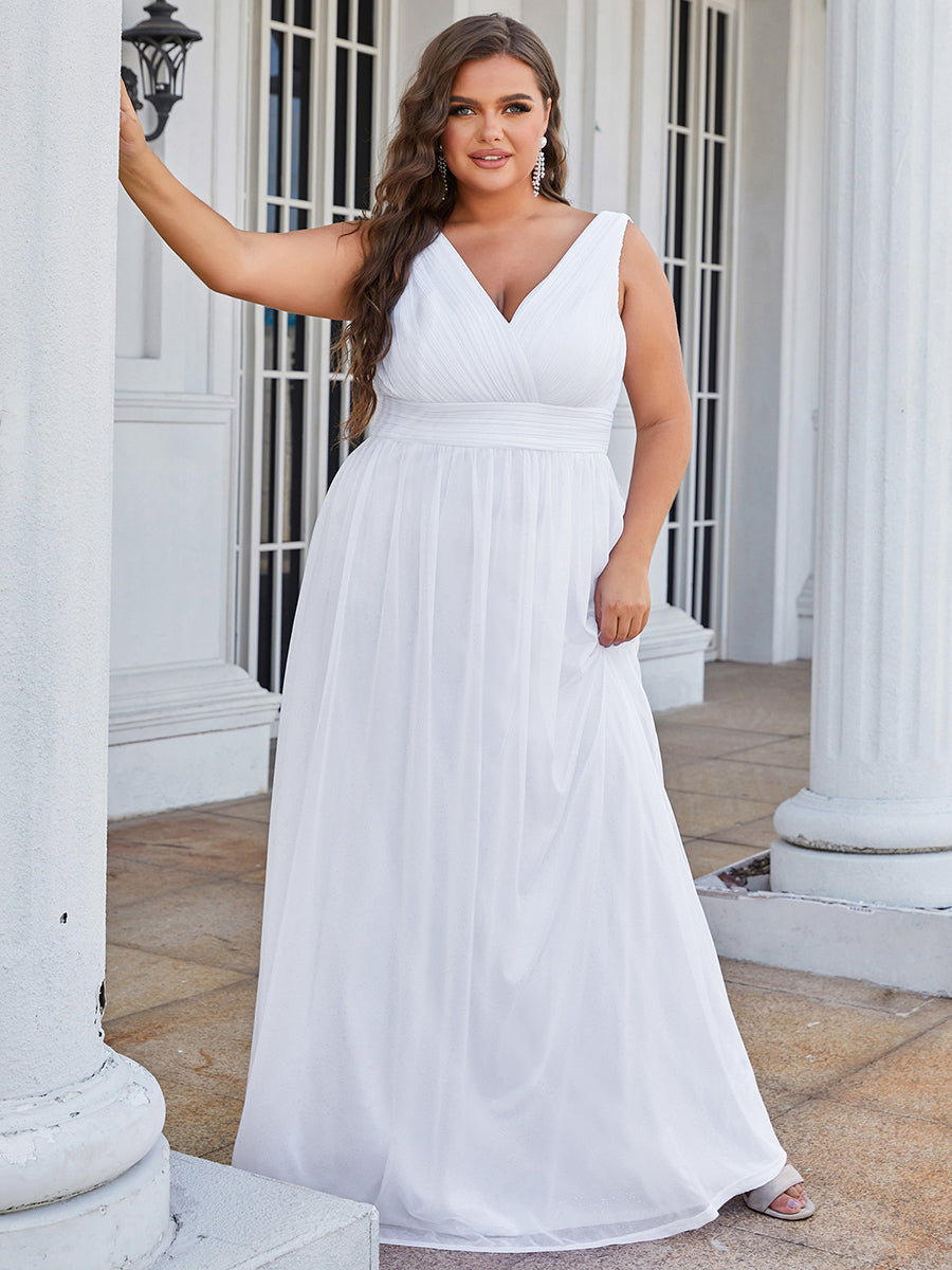 Color=White | Double V Neck Maxi Long Plus Size Evening Dresses for Party-White 4