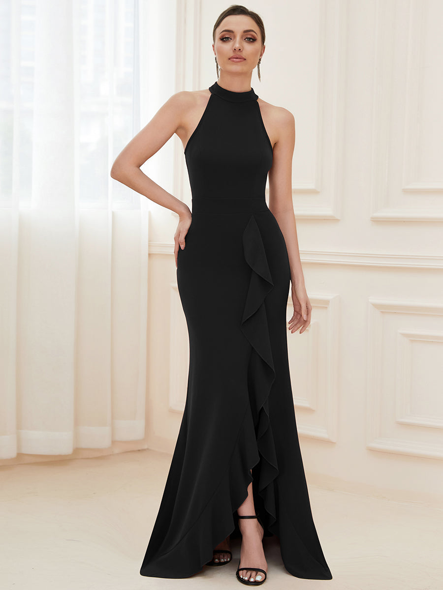 Color=Black | Sleeveless Pencil Wholesale Evening Dresses with Halter Neck-Black 6