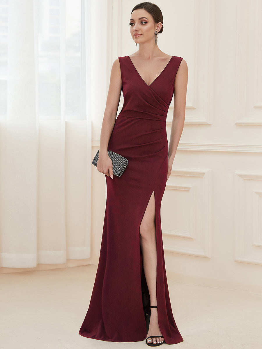 Color=Burgundy | Sleeveless Pencil Split Wholesale Evening Dresses with Deep V Neck-Burgundy 1