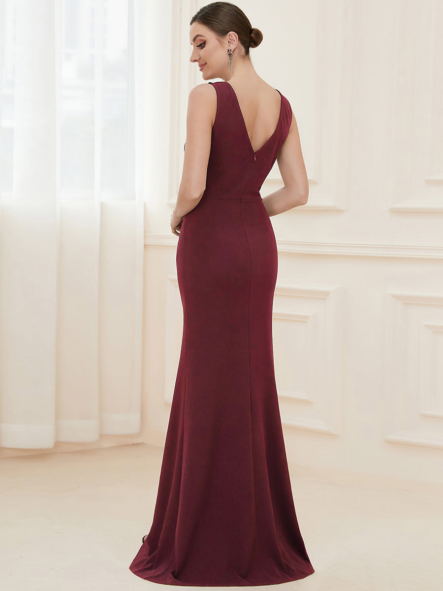 Color=Burgundy | Sleeveless Pencil Split Wholesale Evening Dresses with Deep V Neck-Burgundy 2