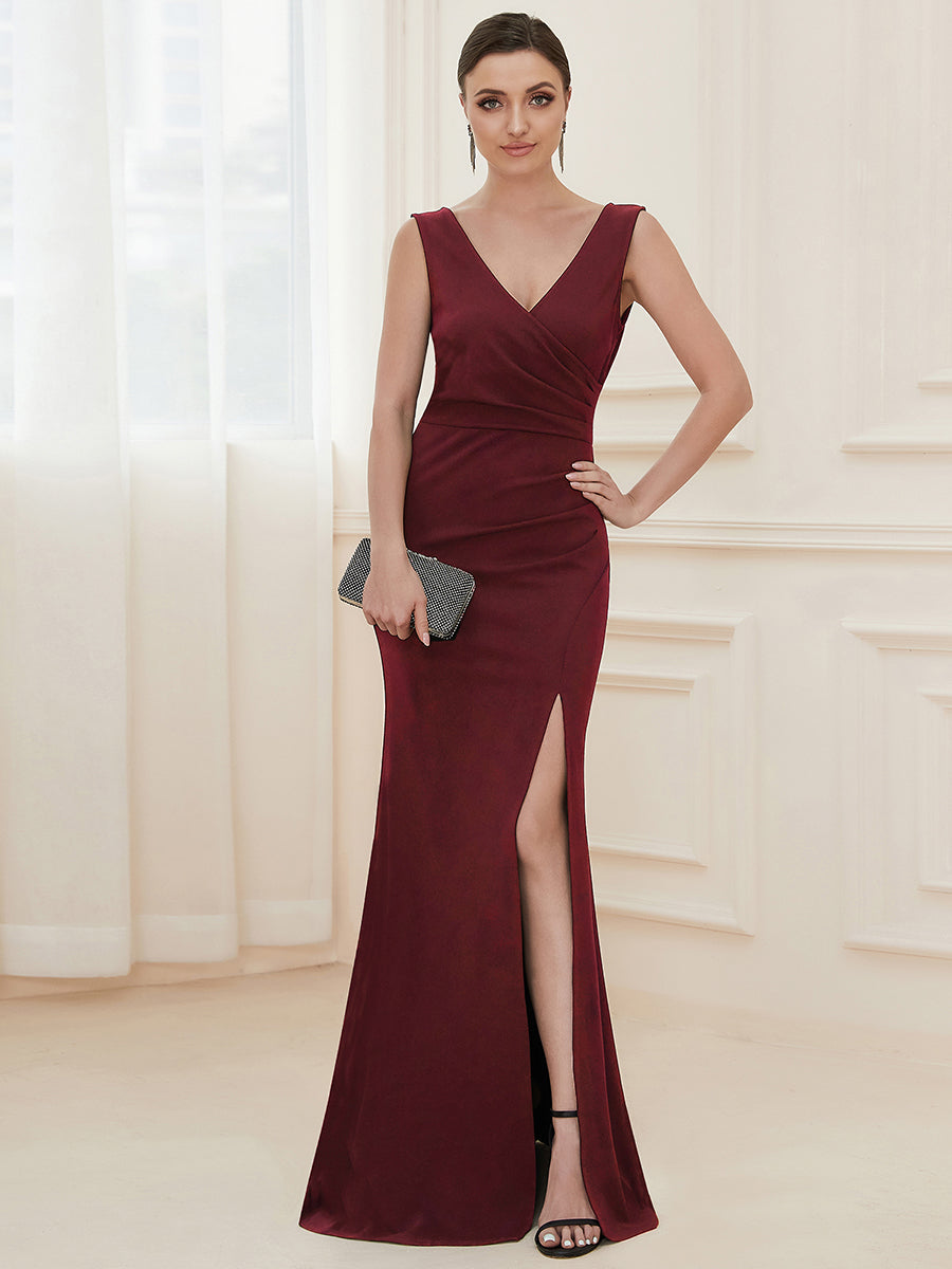 Color=Burgundy | Sleeveless Pencil Split Wholesale Evening Dresses with Deep V Neck-Burgundy 4