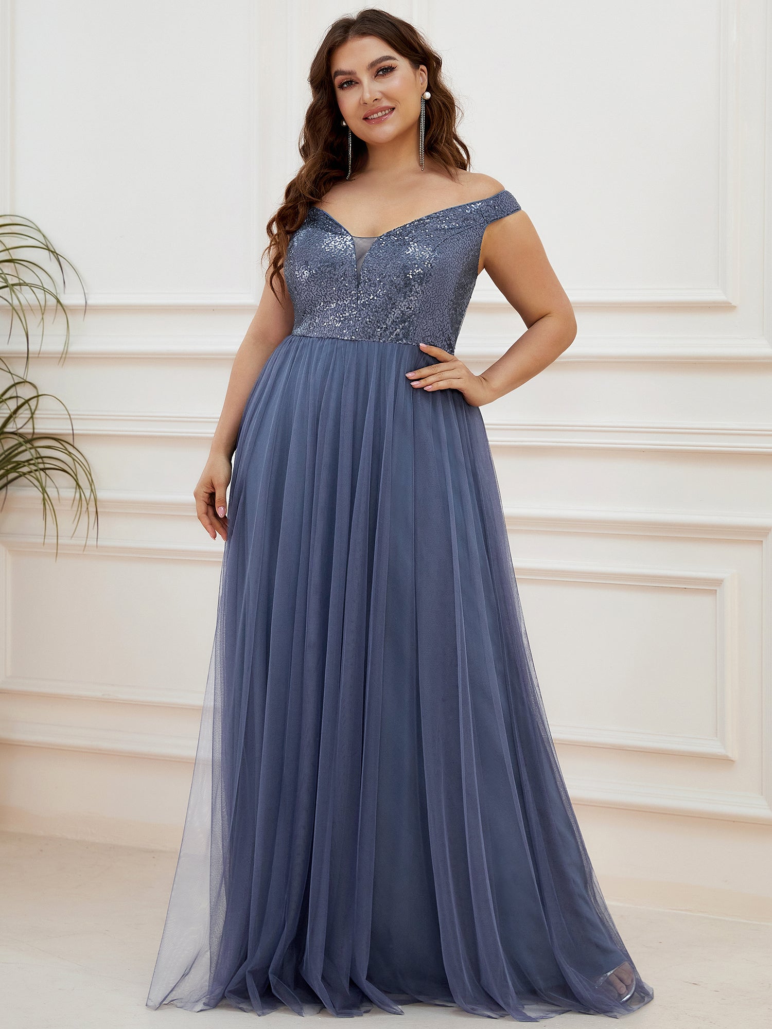 Color=Dusty Navy | Plus Size Wholesale High Waist Tulle & Sequin Sleevless Evening Dress-Dusty Navy 1