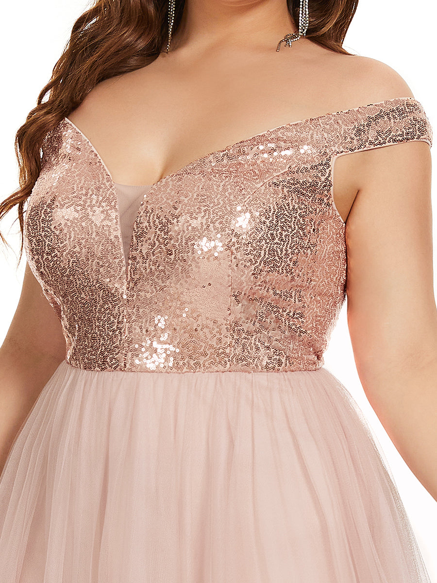 Color=Rose Gold | Plus Size Wholesale High Waist Tulle & Sequin Sleevless Evening Dress-Rose Gold 5
