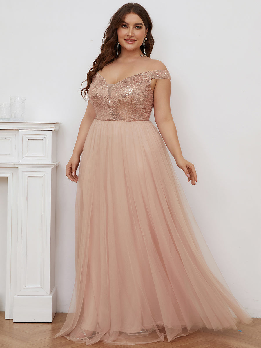 Color=Rose Gold | Plus Size Wholesale High Waist Tulle & Sequin Sleevless Evening Dress-Rose Gold 1