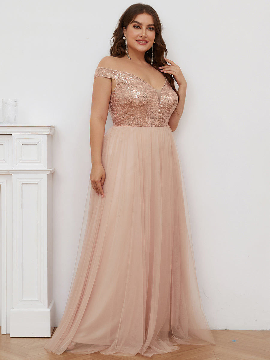 Color=Rose Gold | Plus Size Wholesale High Waist Tulle & Sequin Sleevless Evening Dress-Rose Gold 3