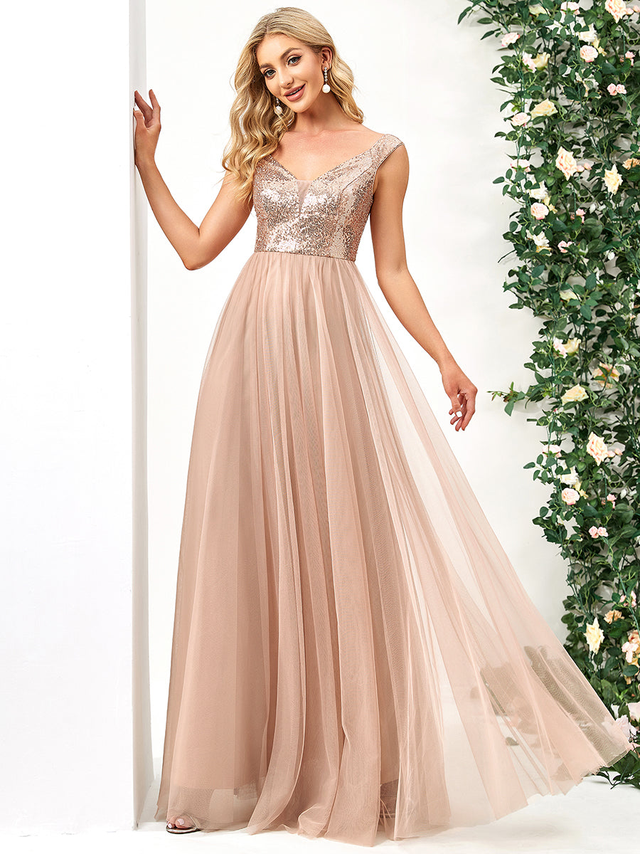 Color=Rose Gold | Wholesale High Waist Tulle & Sequin Sleevless Evening Dress-Rose Gold 4