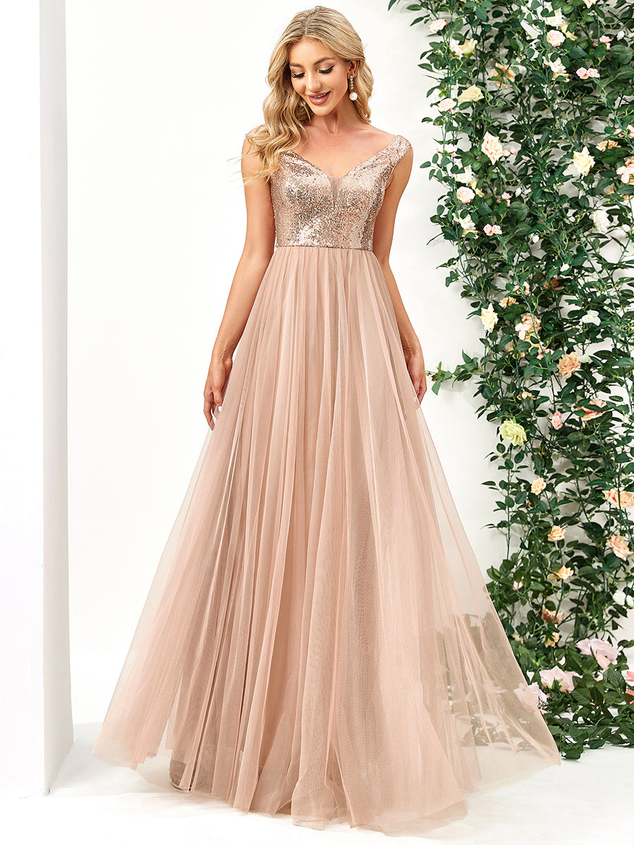 Color=Rose Gold | Wholesale High Waist Tulle & Sequin Sleevless Evening Dress-Rose Gold 5