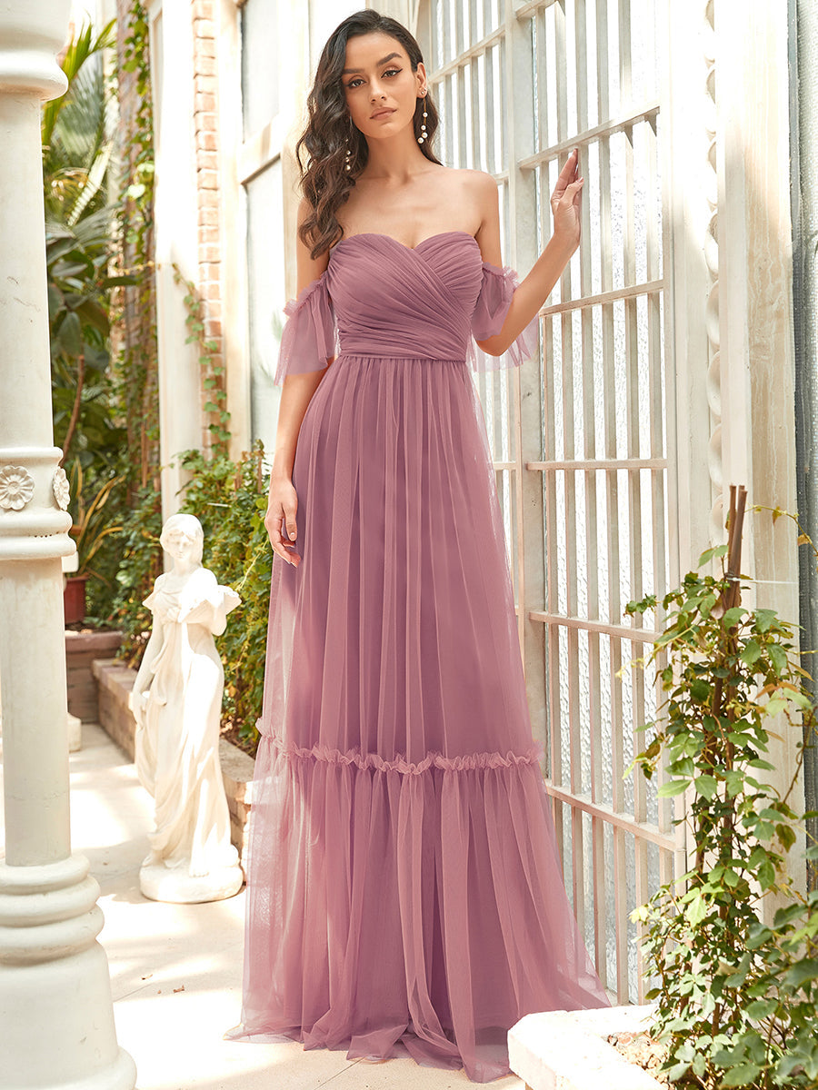 Custom Size Strapless A Line Ruffles Sleeves Wholesale Evening Dresses