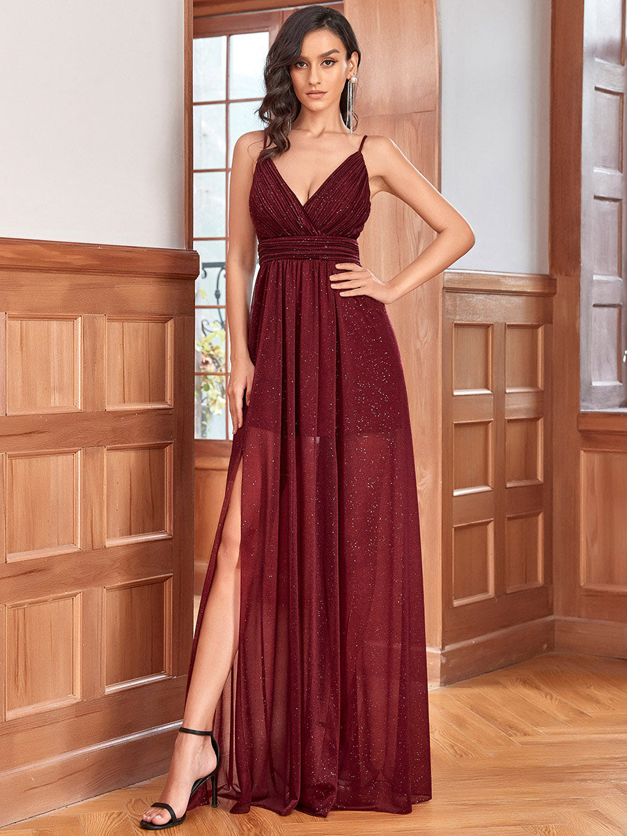 Color=Burgundy | Stunning Deep V Neck Split Design Wholesale Evening Dresses-Burgundy 1