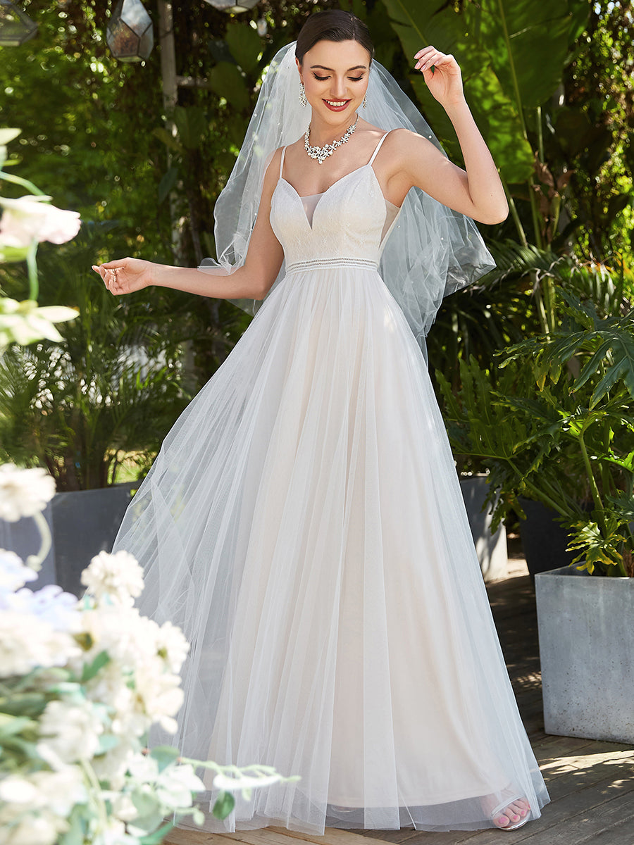 Color=Ivory | A-Line Wholesale Wedding Dresses with Spaghetti Straps and Deep V-Neck-Ivory 3