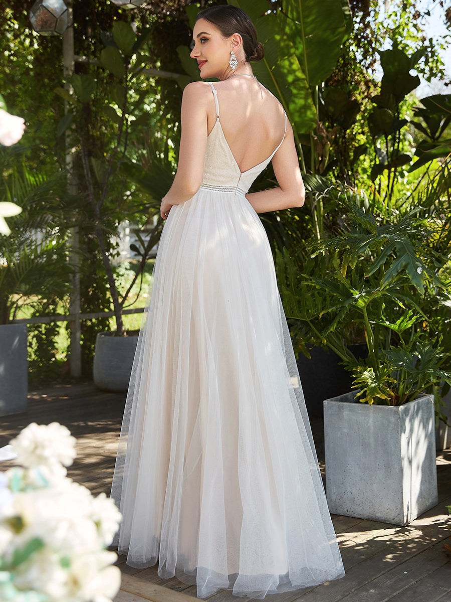 Color=Ivory | A-Line Wholesale Wedding Dresses with Spaghetti Straps and Deep V-Neck-Ivory 2