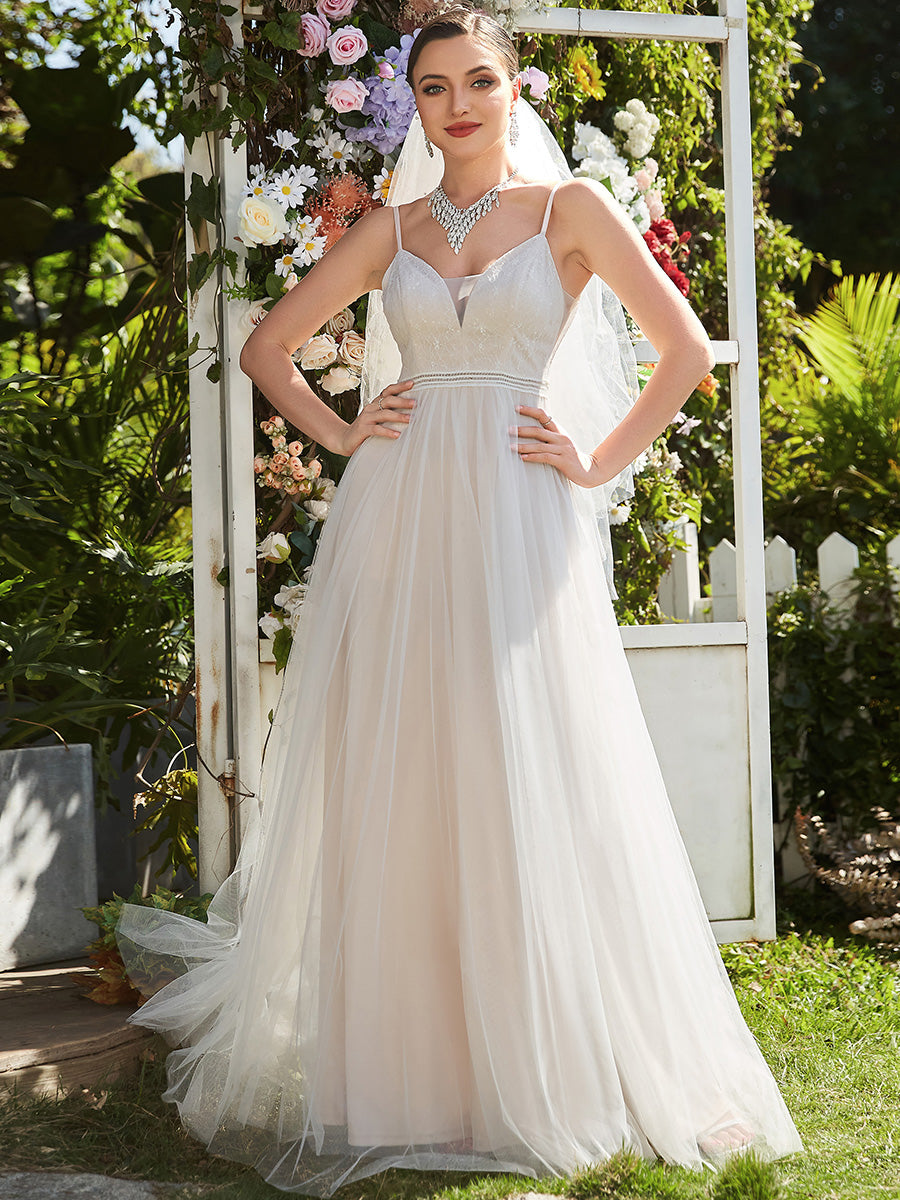 Color=Ivory | A-Line Wholesale Wedding Dresses with Spaghetti Straps and Deep V-Neck-Ivory 1