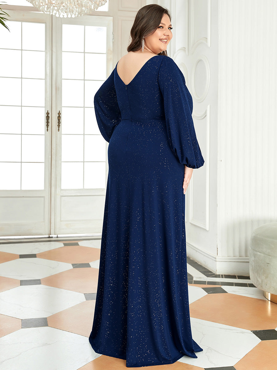 Color=Navy Blue | Plus Size Lantern Sleeves Wholesale Mother of the Bride Dresses-Navy Blue 2