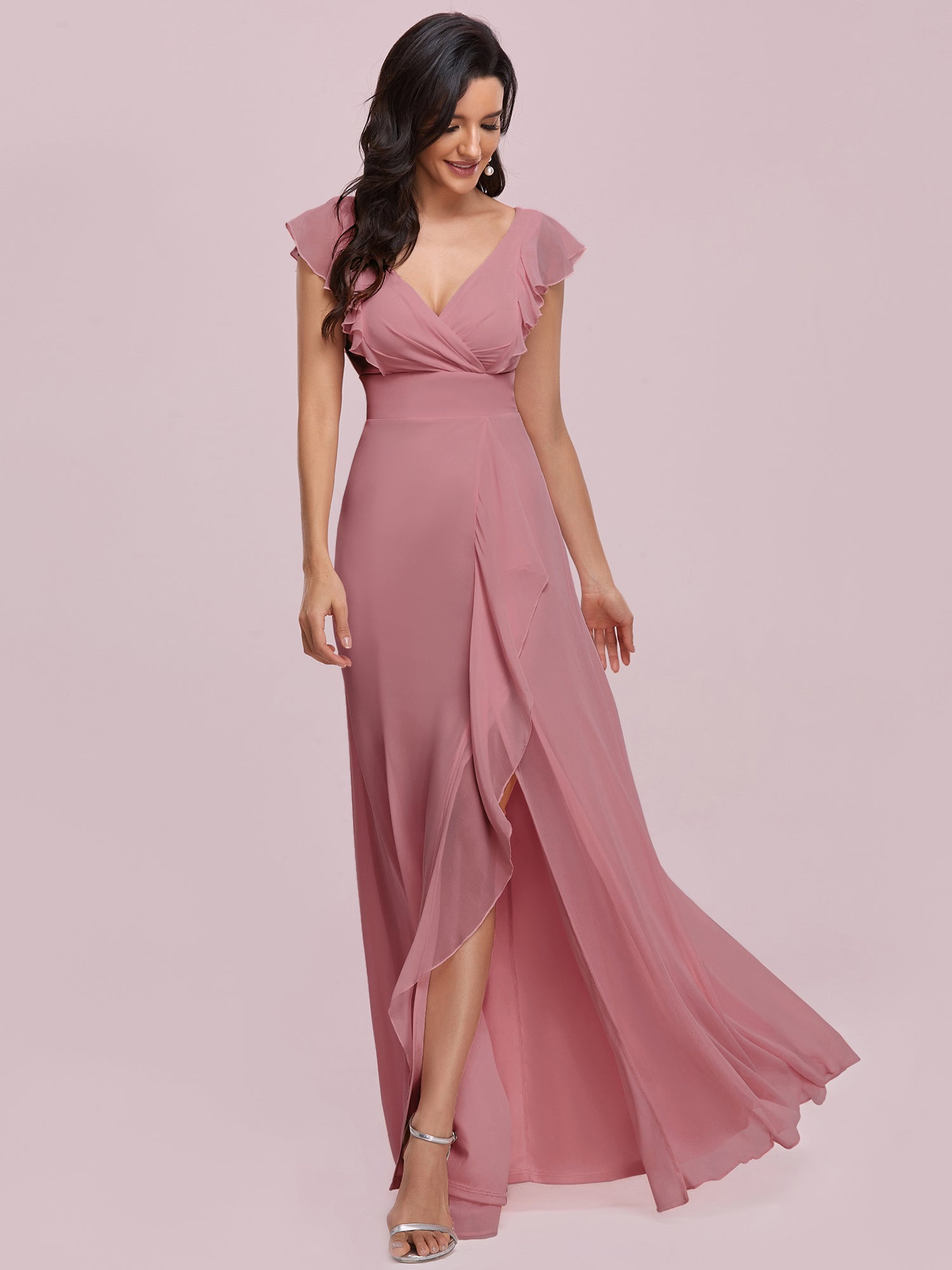 Color=Orchid | Cute V Neck Wholesale Bridesmaid Dress With Ruffles-Orchid 10
