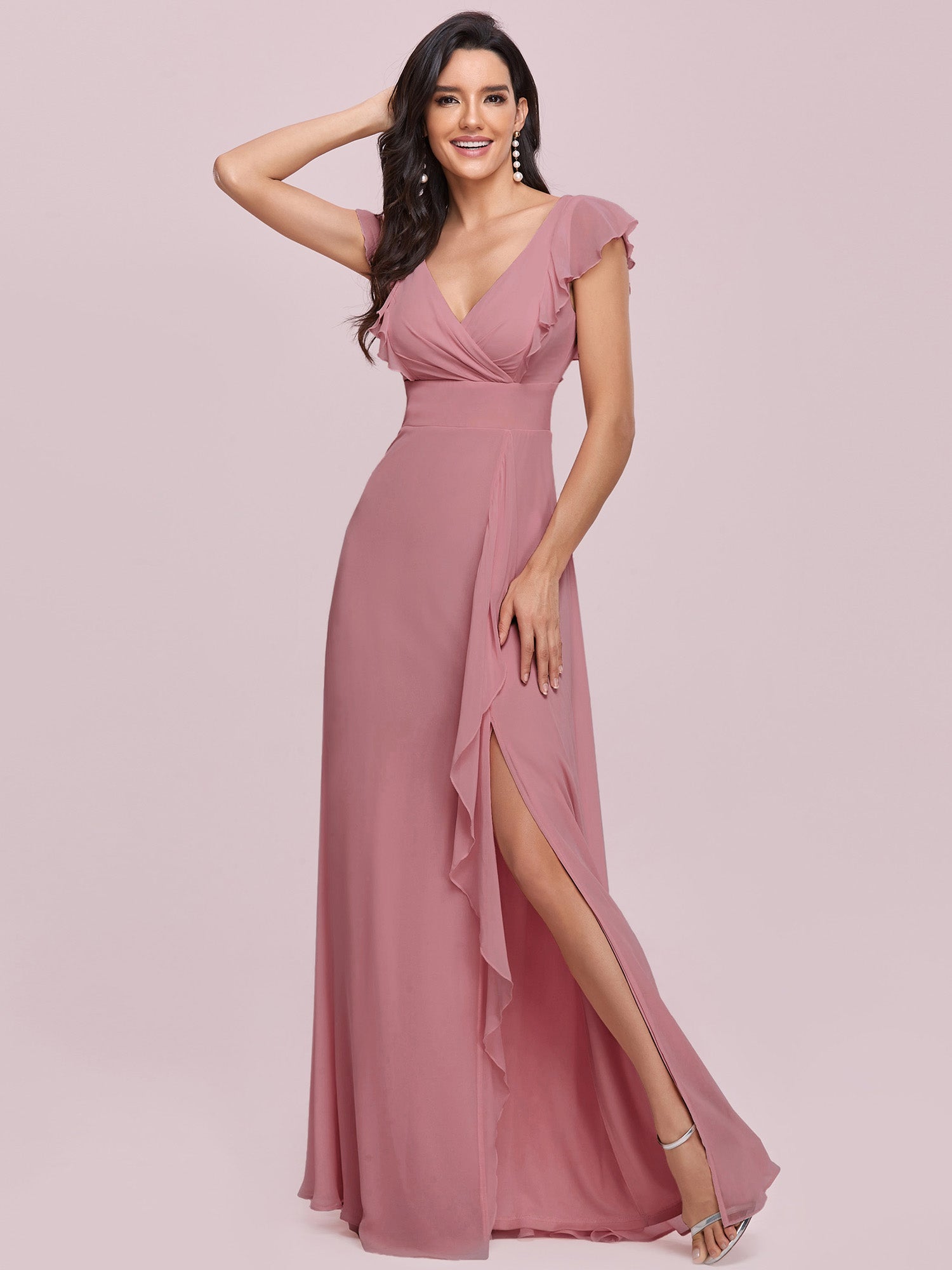 Color=Orchid | Cute V Neck Wholesale Bridesmaid Dress With Ruffles-Orchid 7