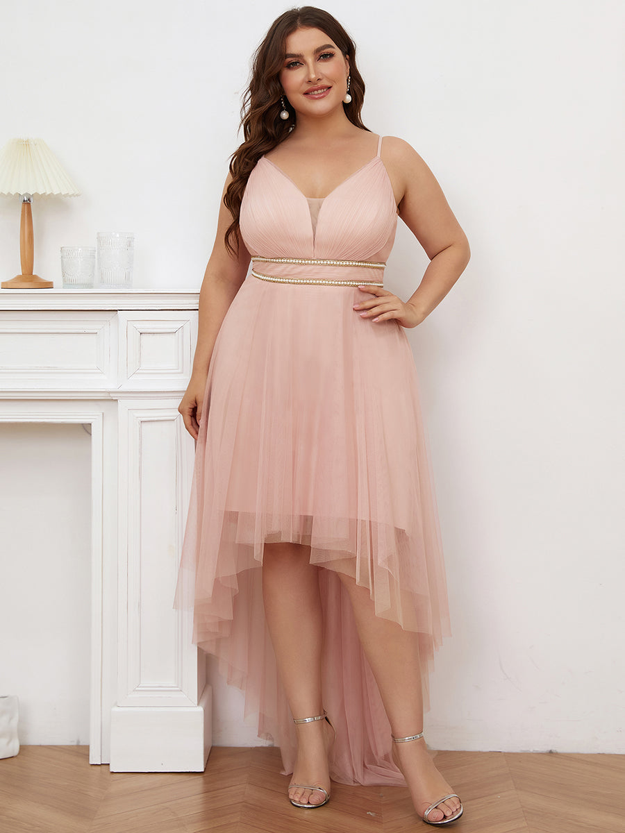 Color=Pink | Modest Wholesale High-Low Tulle Prom Dress For Women-Pink 1