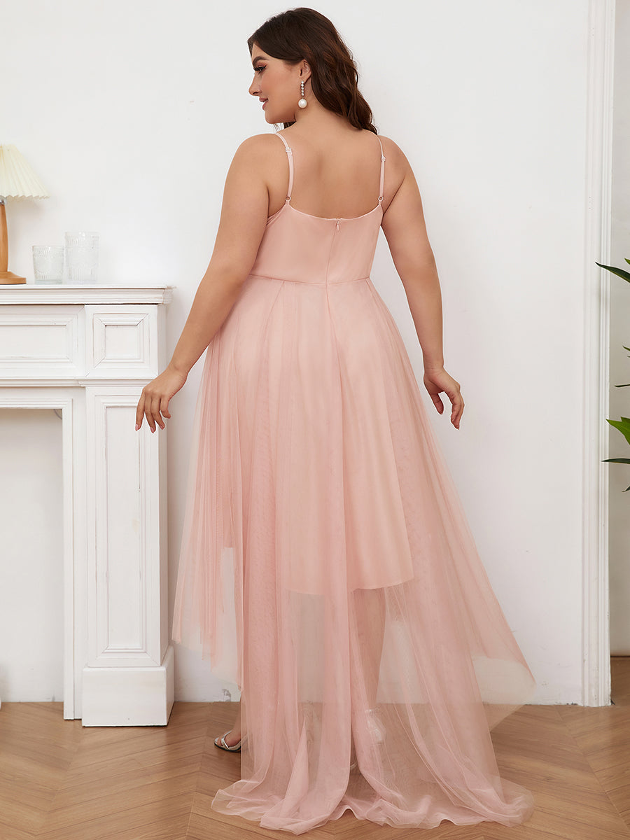 Color=Pink | Modest Wholesale High-Low Tulle Prom Dress For Women-Pink 2