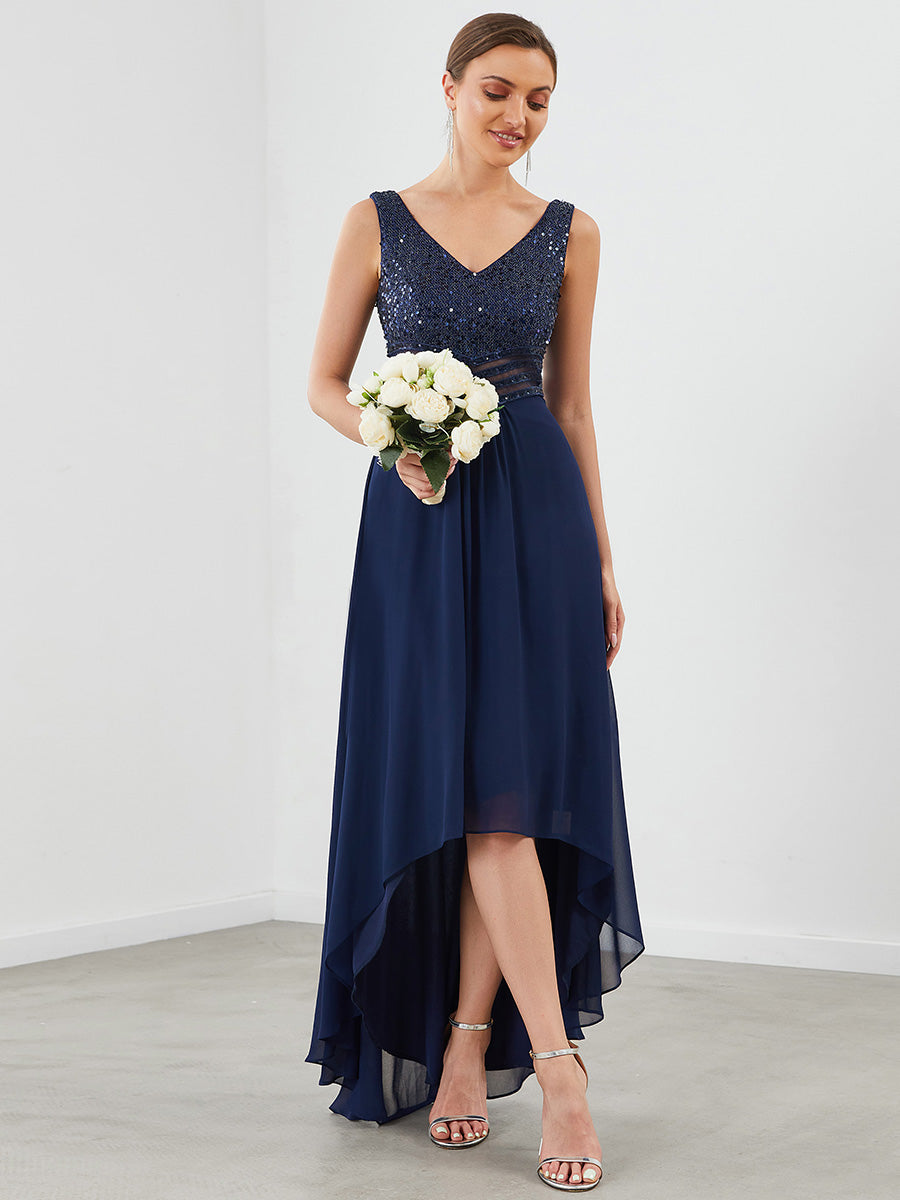 Color=Navy Blue | Elegant Paillette & Chiffon V-Neck A-Line Sleeveless Plus Size Evening Dresses-Navy Blue 1